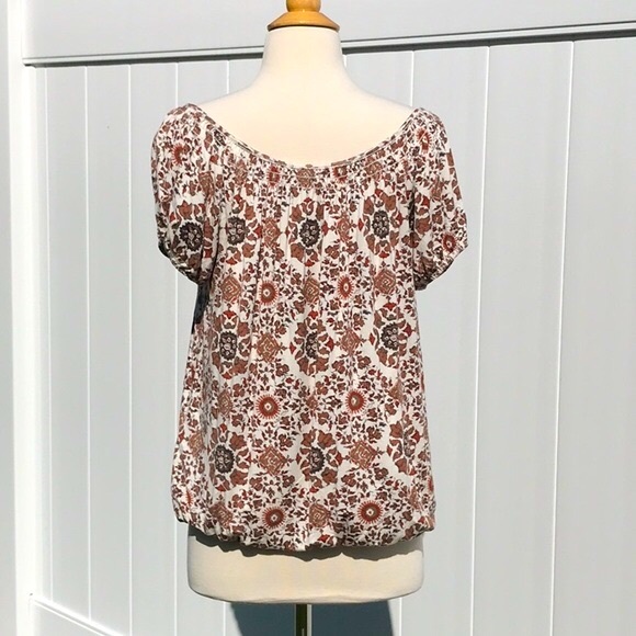 Max Studio Floral Print Scooped Neckline Short Sleeved Elastic Waistband Top Med - Picture 9 of 16